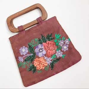 Chan Luu Maroon Floral Wood Handle Beaded Mini Bag